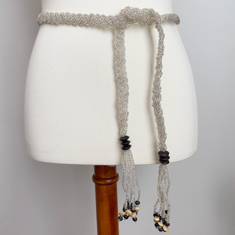 Seed Bead Belt Lariat Necklace White Braided Glass Wood Beads NWOT